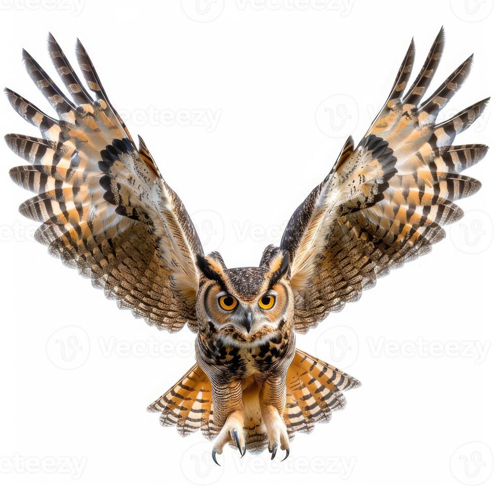 Great horned owl flying with open wings on white background photo