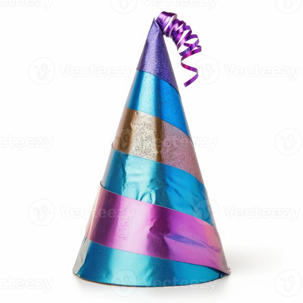 Colorful party hat with purple ribbon standing on white background photo