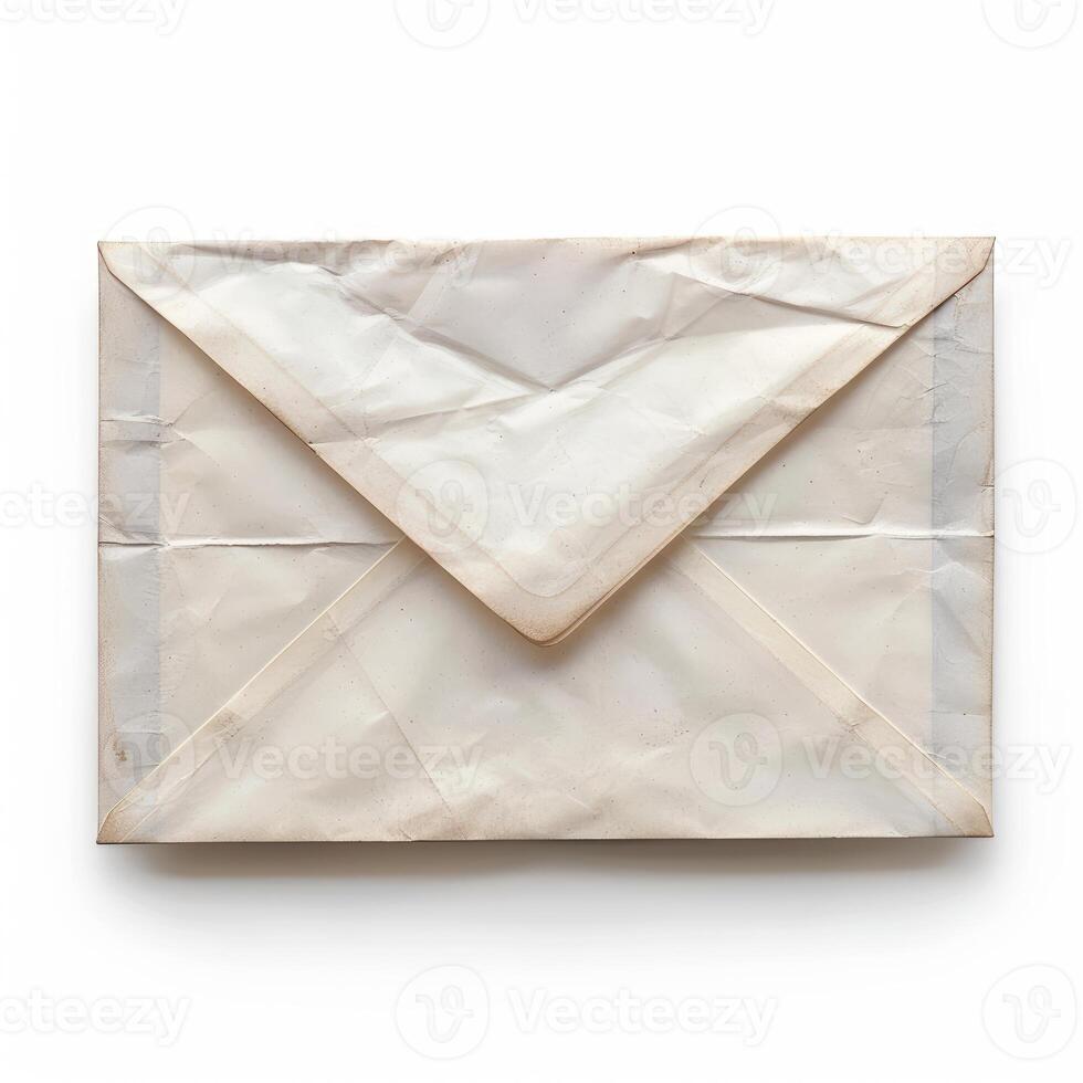 Crumpled envelope showing aging and wear on white background photo