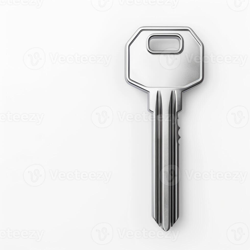 Silver key resting on white background symbolizing security and access photo