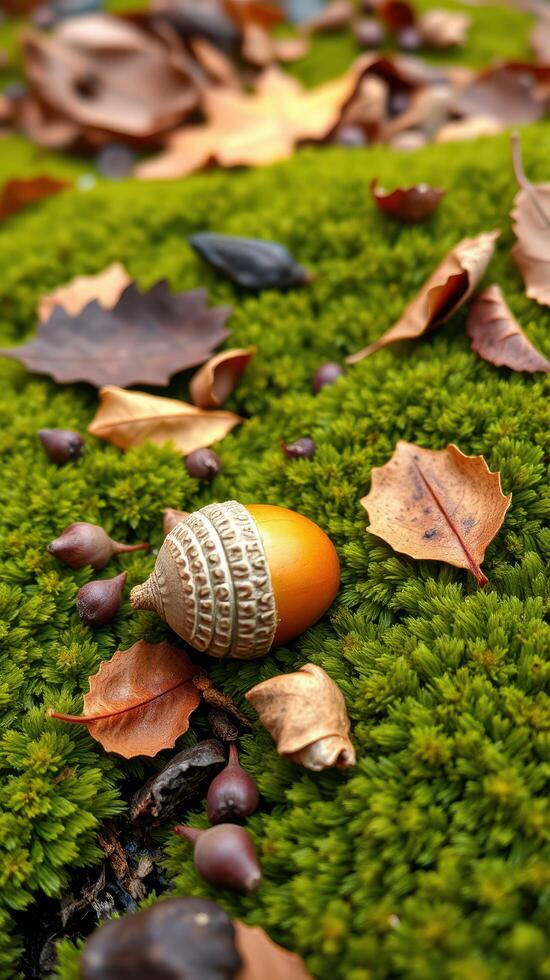 A small orange egg laying on a moss covered ground photo