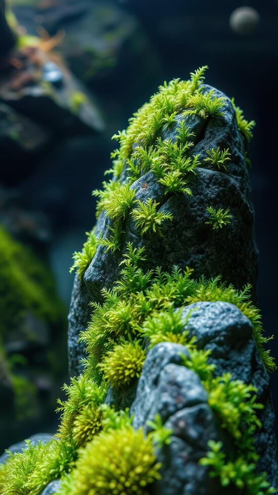 A rock covered in moss and plants in an aquarium photo
