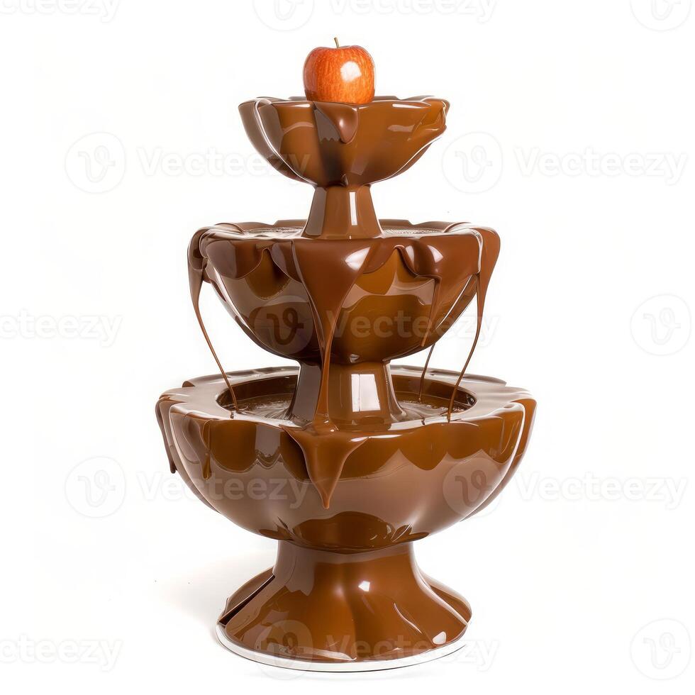 Chocolate fountain dripping with melted chocolate and apple on top photo