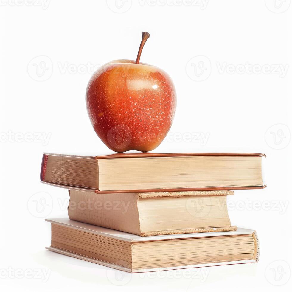 Red apple balancing on stack of books symbolizing education and knowledge photo