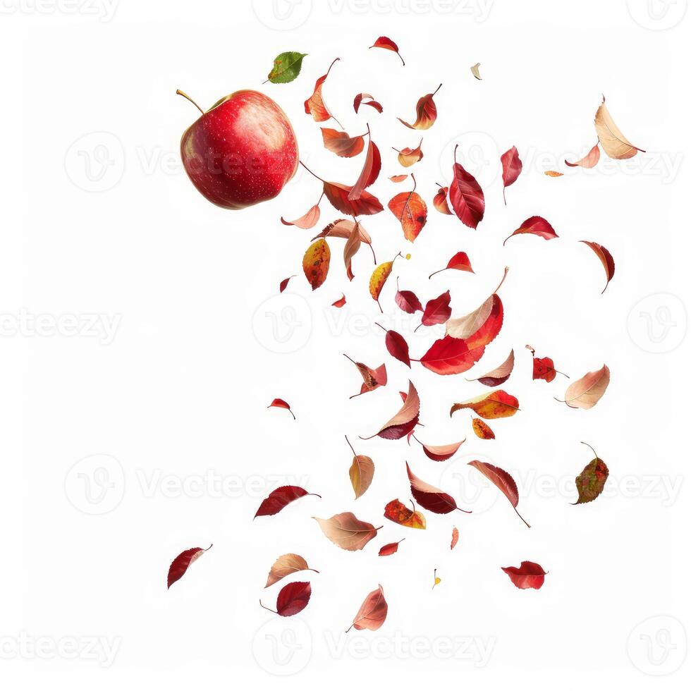 Red apple floating with colorful autumn leaves on white background photo