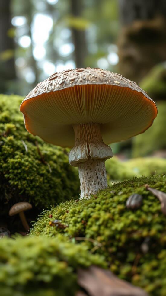 A mushroom on a moss covered ground photo