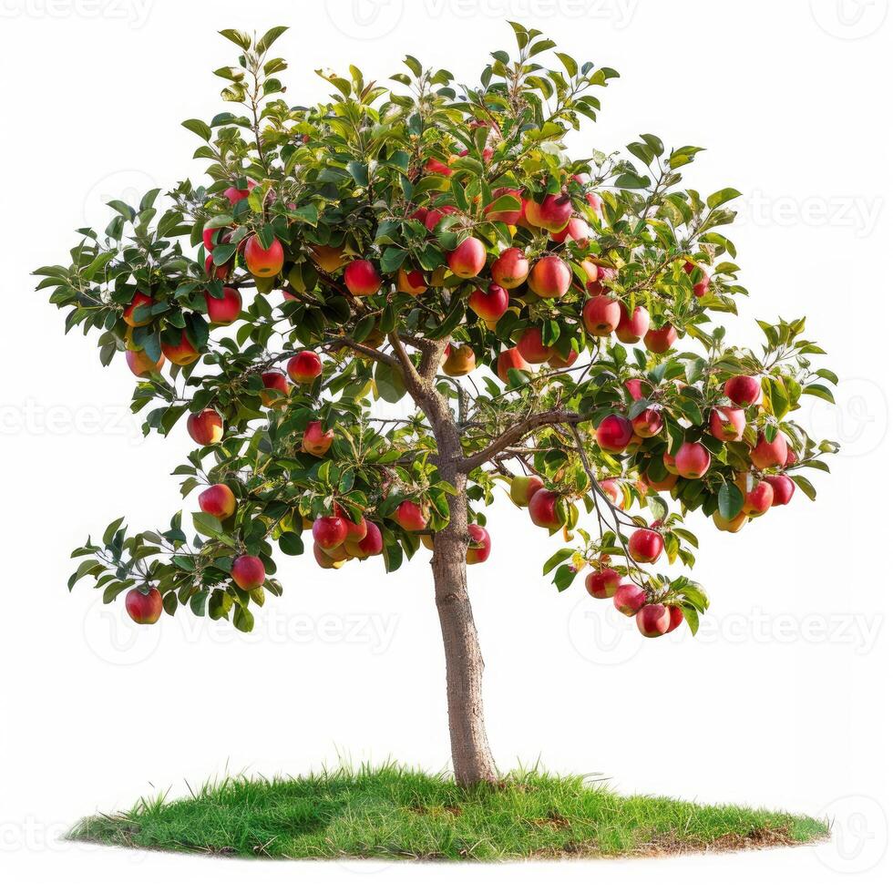 Young apple tree full of ripe red apples growing on grass patch isolated on white background photo