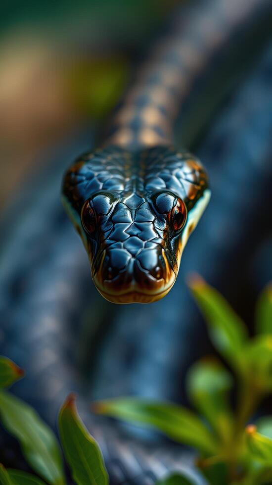 A close up of a snake's head with green leaves photo