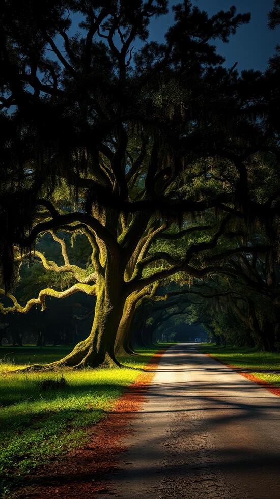 A tree with green leaves and a road in front of it photo