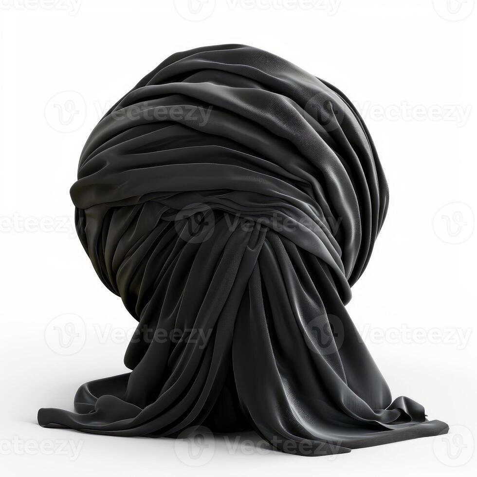 Black turban elegantly covering head on white background photo