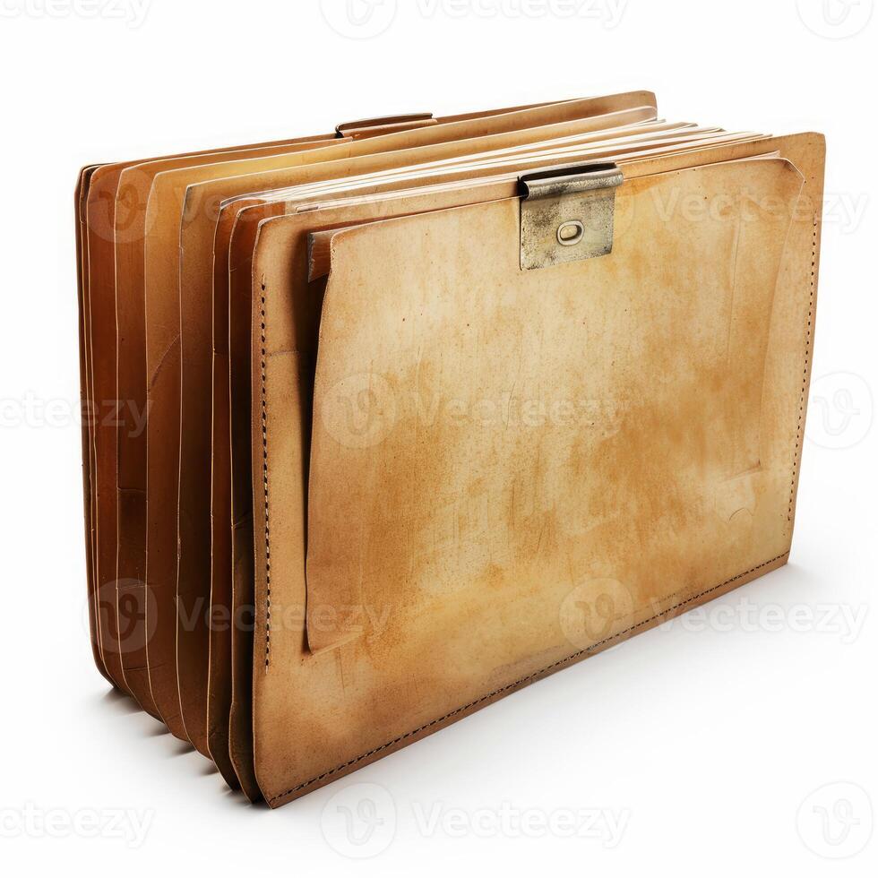 Old expanding file folder storing important documents on white background photo