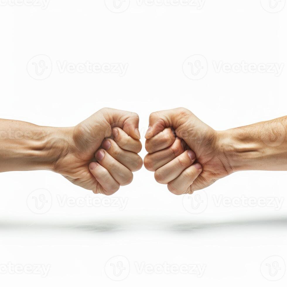 Two hands showing fist bumping gesture against white background photo