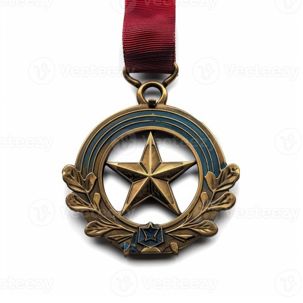 Golden medallion showing five pointed star and laurel wreath, hanging from red ribbon photo