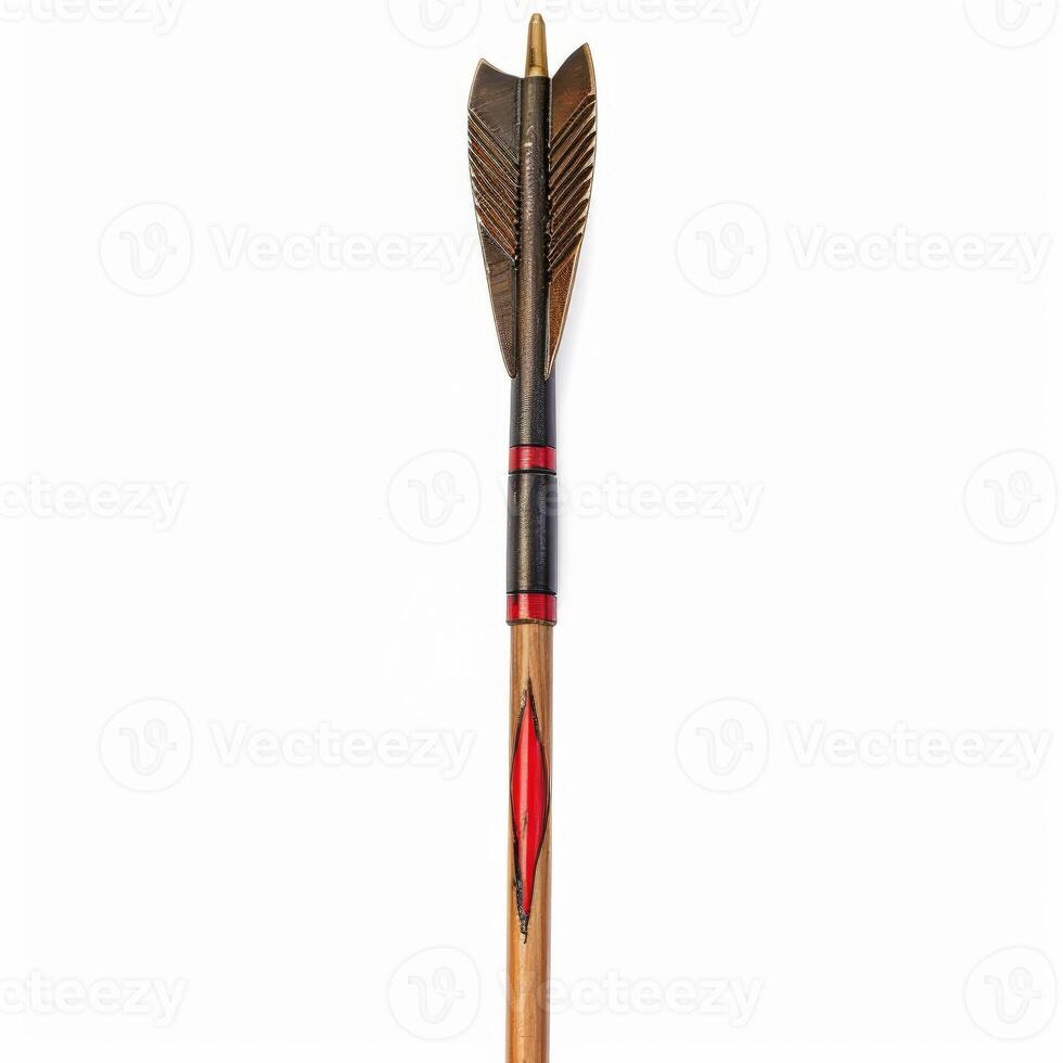 Wooden arrow pointing upwards with metal tip and feather fletching photo