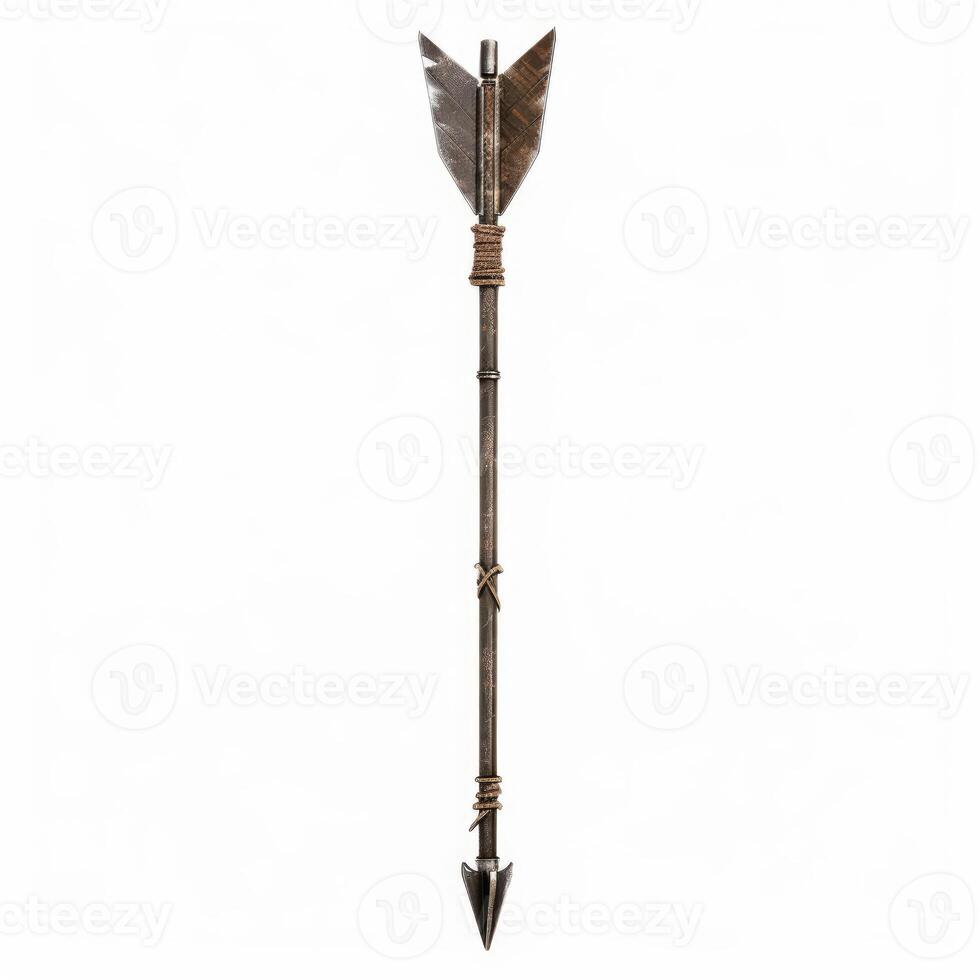 Old wooden arrow with metal tip and feather fletching isolated on white background photo
