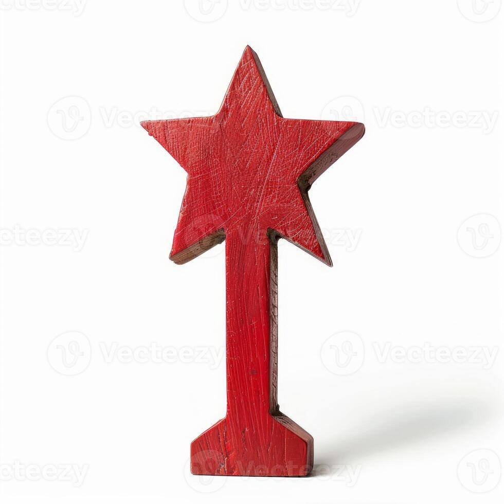 Red wooden star decoration standing on white background photo