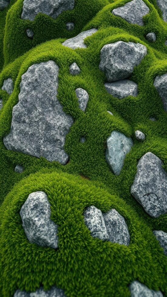 A green moss covered rock surface with rocks and grass photo