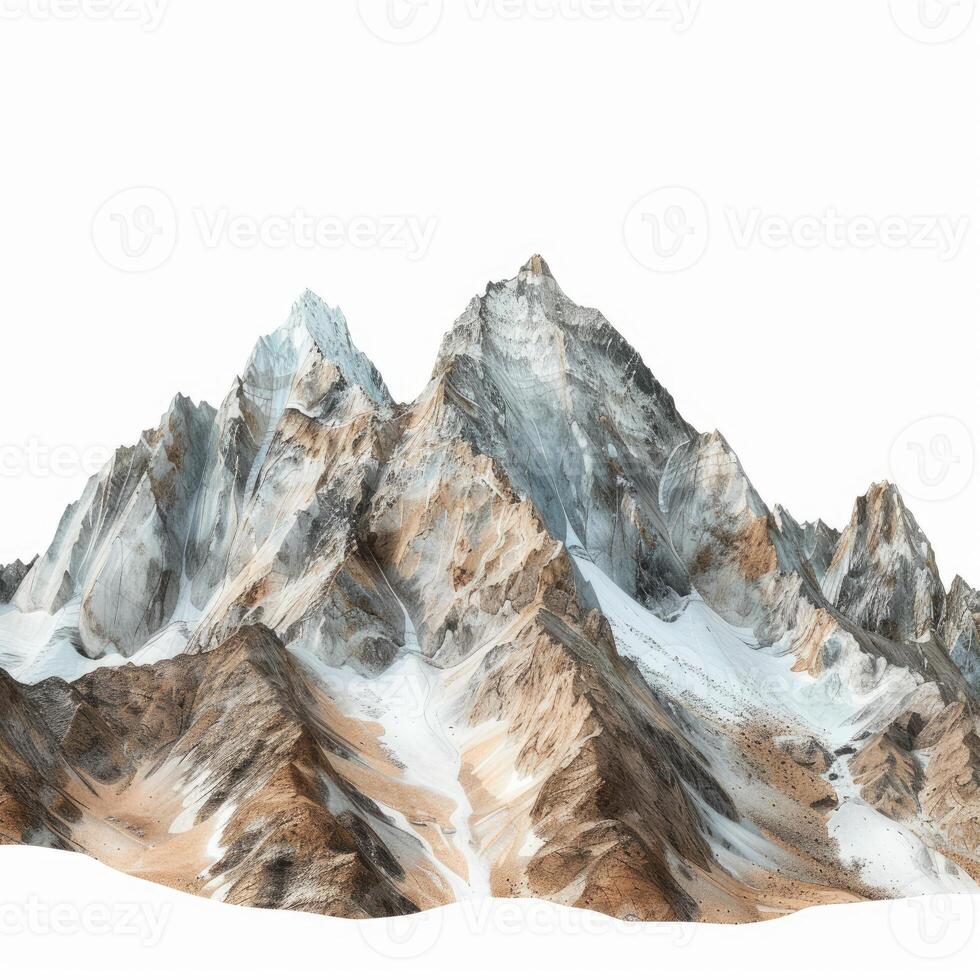 Majestic snow capped mountain range isolated on white background photo