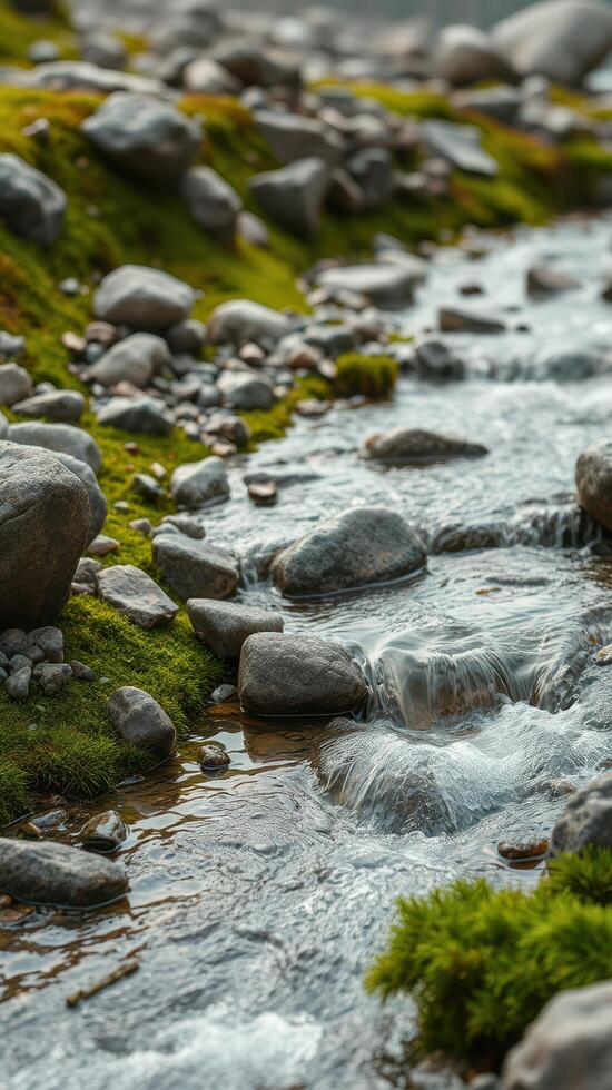 A small stream with rocks and grass photo