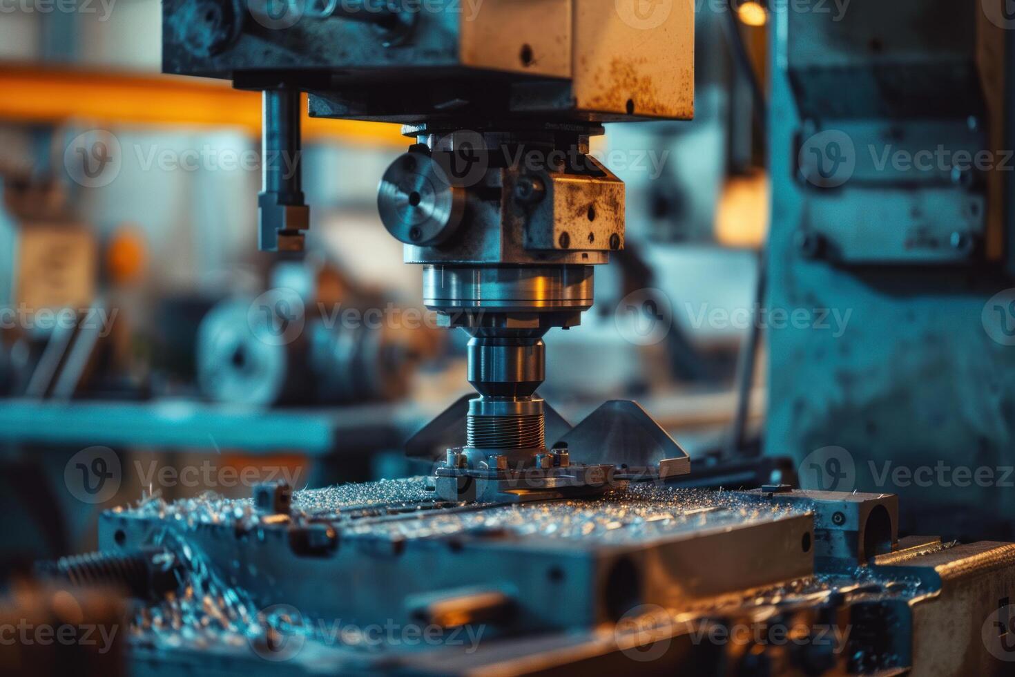 Milling machine operating in factory, industrial metalworking process photo