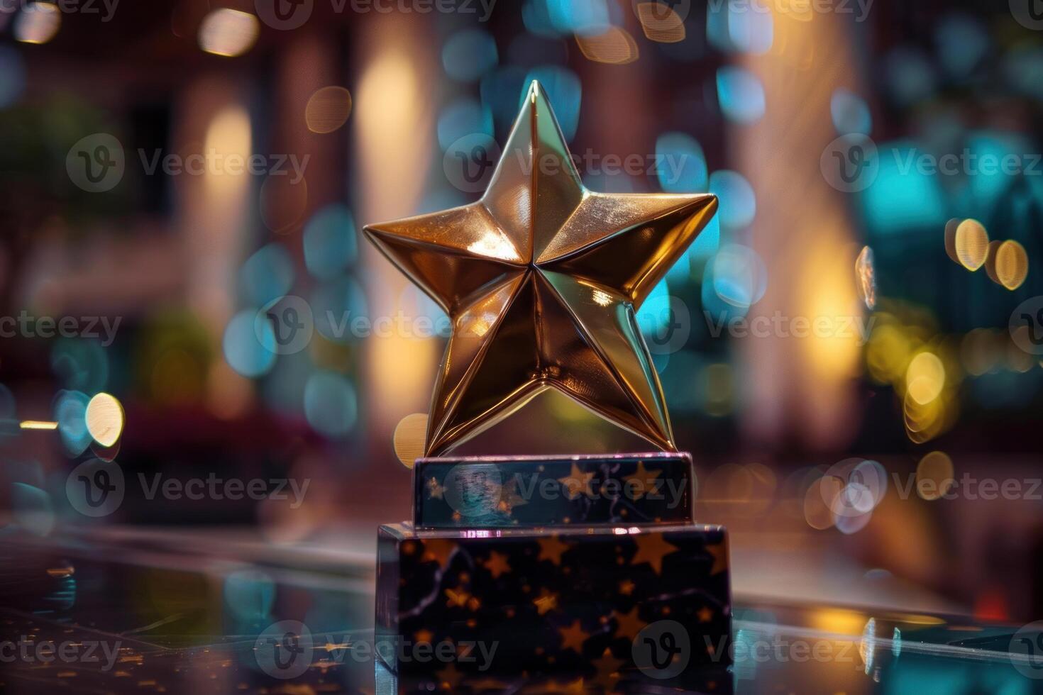 Golden star trophy shining on reflective surface with bokeh background photo