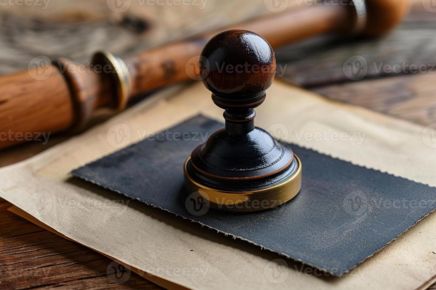Notary public stamp sitting on ink blotter pad with old paper and wooden handle tool photo