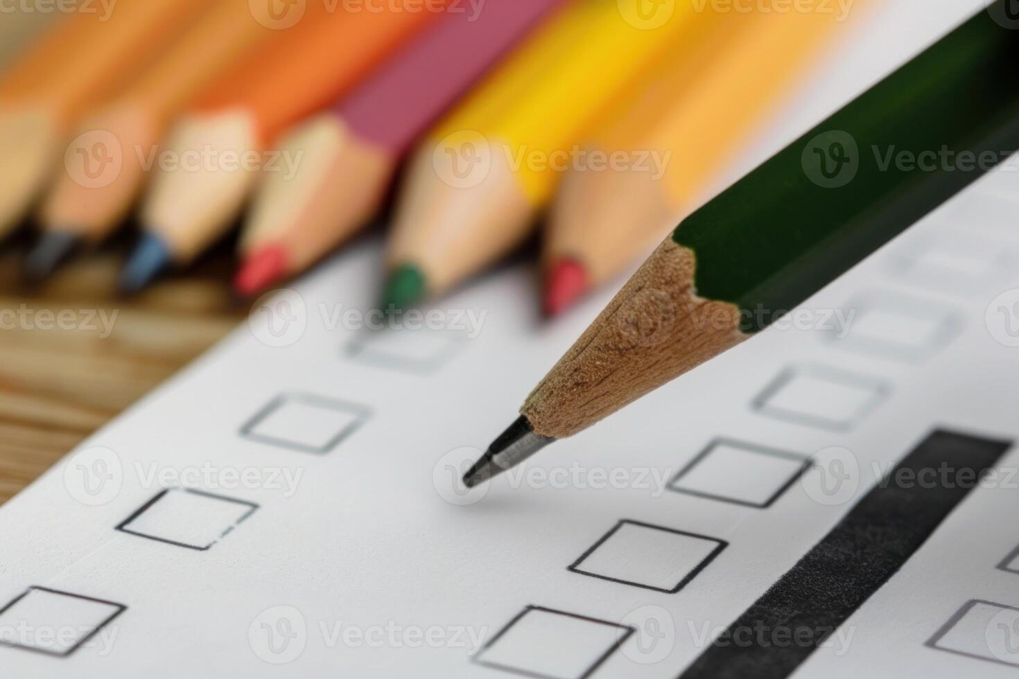 Person filling out checklist with pencil and colored pencils in the background photo