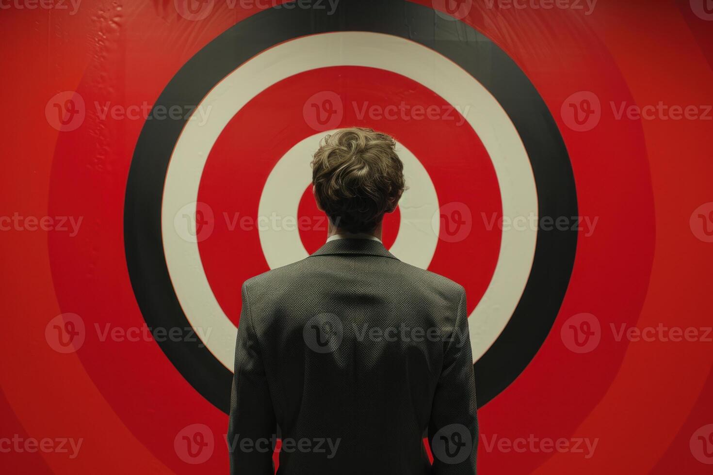 Businessman looking at big red and white target on wall photo