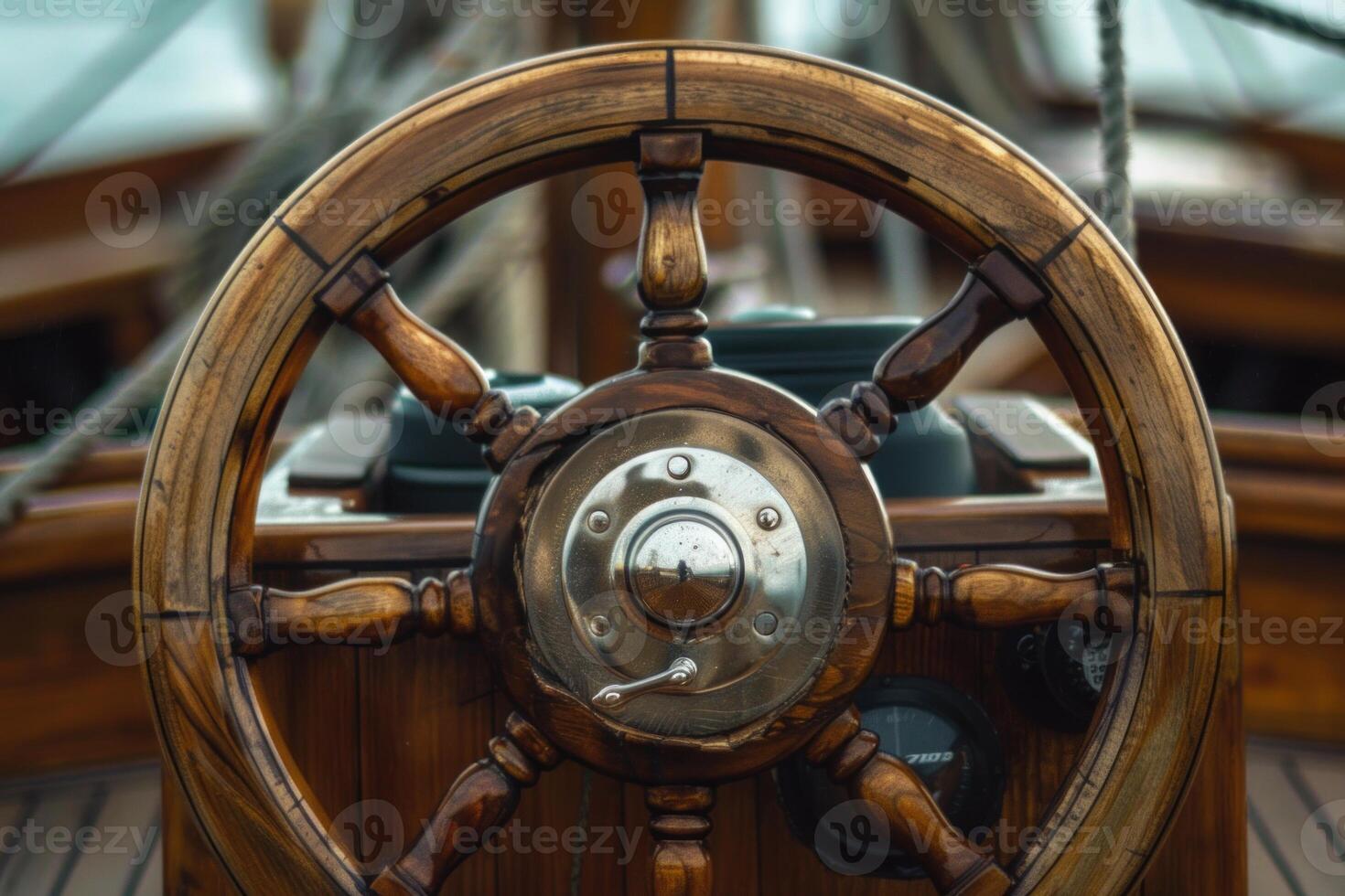 Polished wood steering wheel guiding classic boat navigation photo