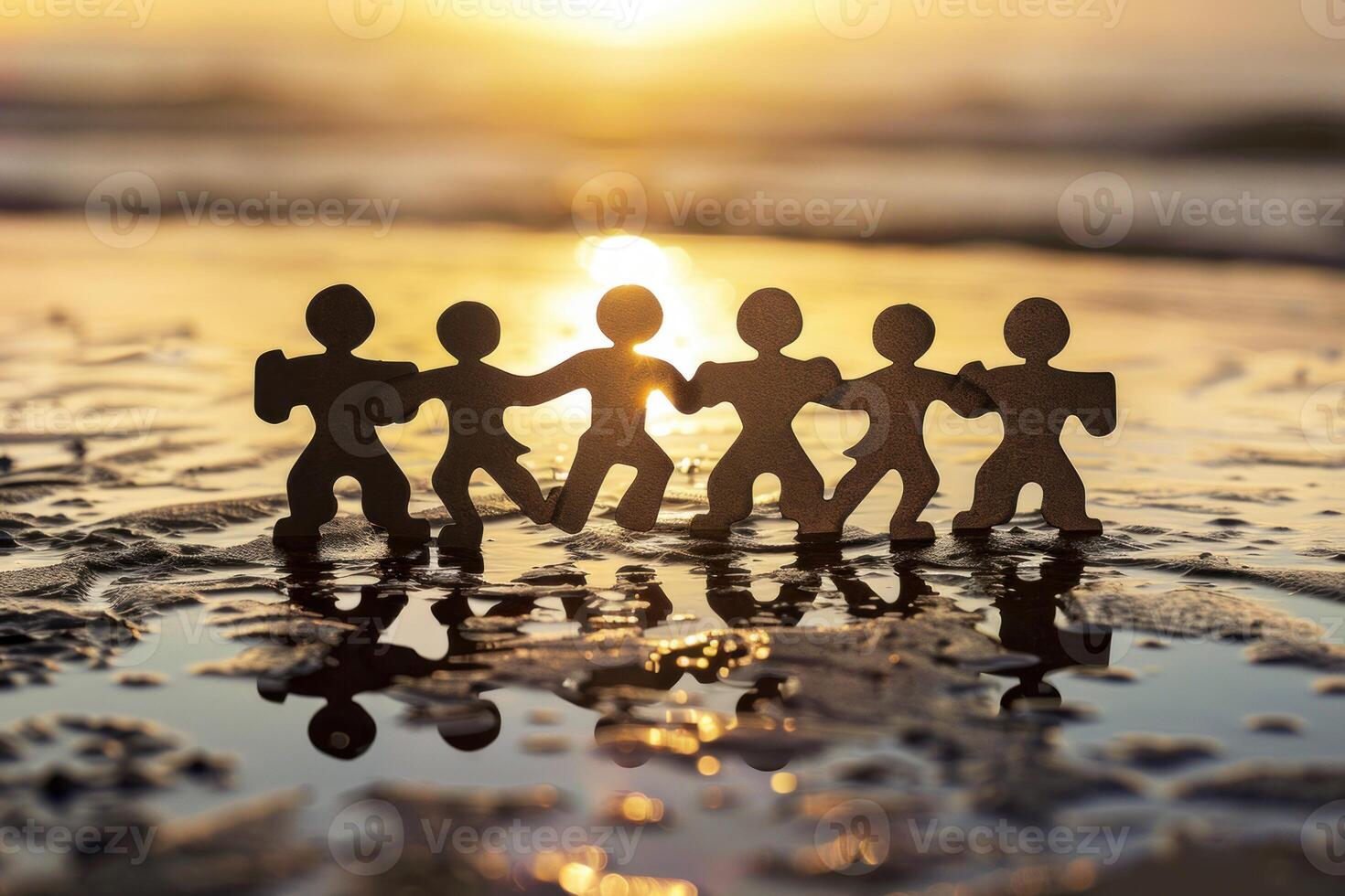 Paper chain people holding hands at sunset on beach symbolizing unity and teamwork photo