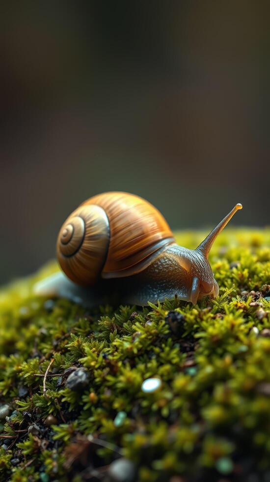 A snail is crawling on top of moss photo