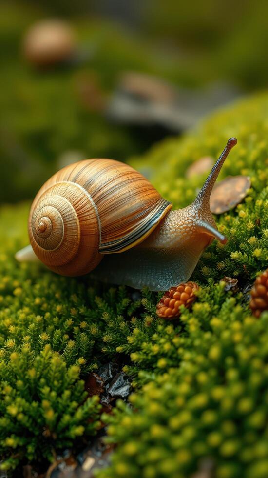 A snail is walking on a moss covered hill photo