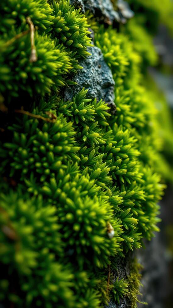 A close up of green moss growing on a rock photo