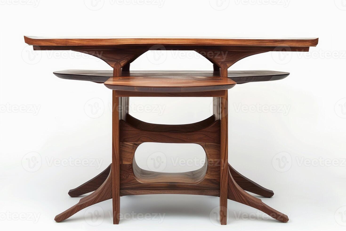 Elegant wooden table with intricate design on white background photo