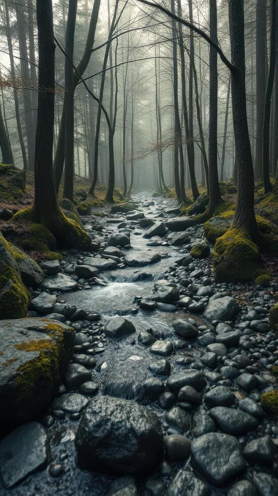 A stream runs through a forest with trees and rocks photo