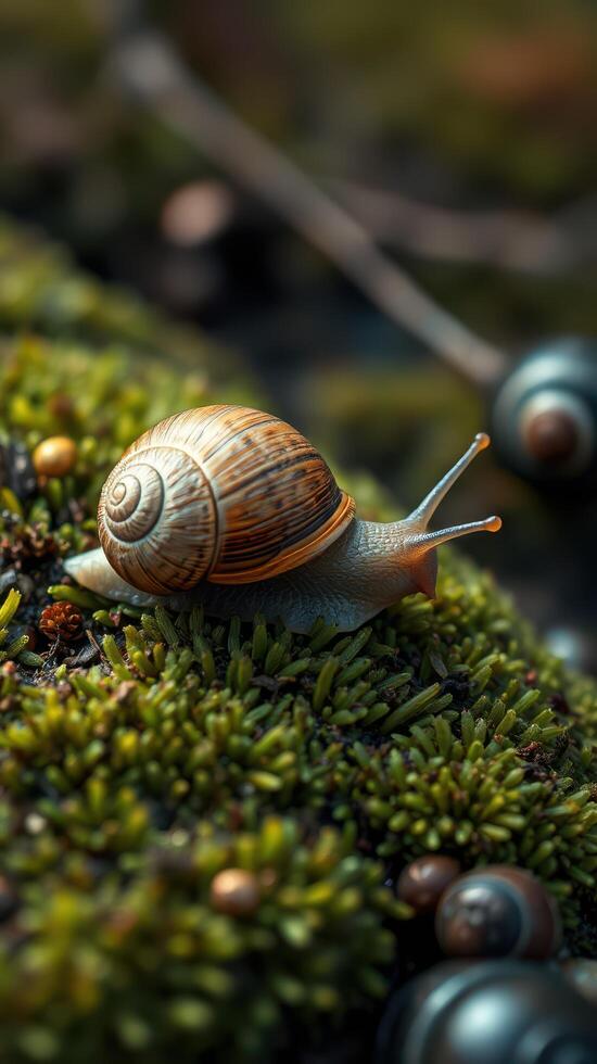 A snail is walking on the moss photo