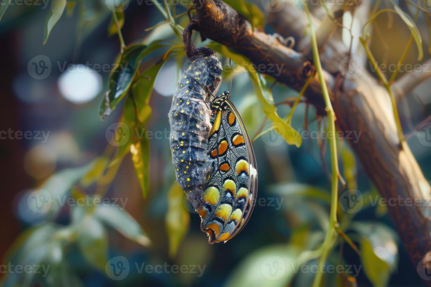 Emerging butterfly leaving chrysalis on tree branch photo
