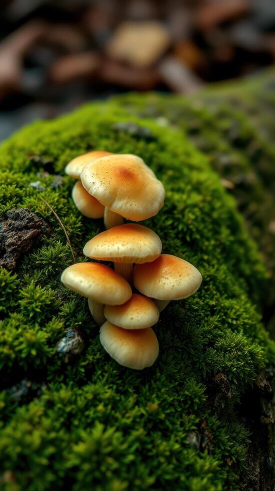 A group of mushrooms on a moss covered log photo