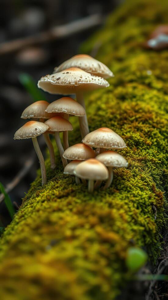 A group of mushrooms on a moss covered log photo