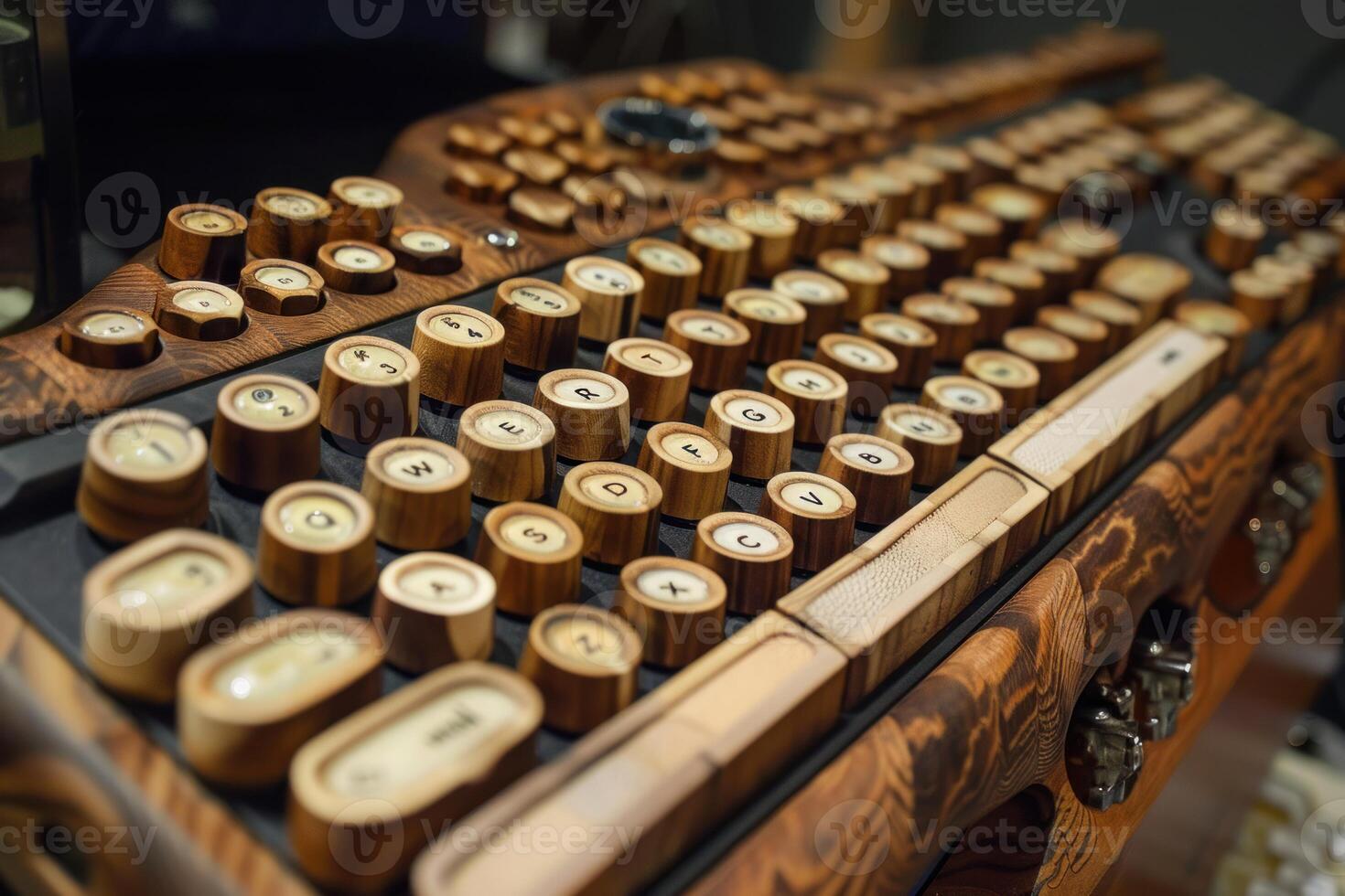 Elegant wooden keyboard with round keys and leather wrist rest photo