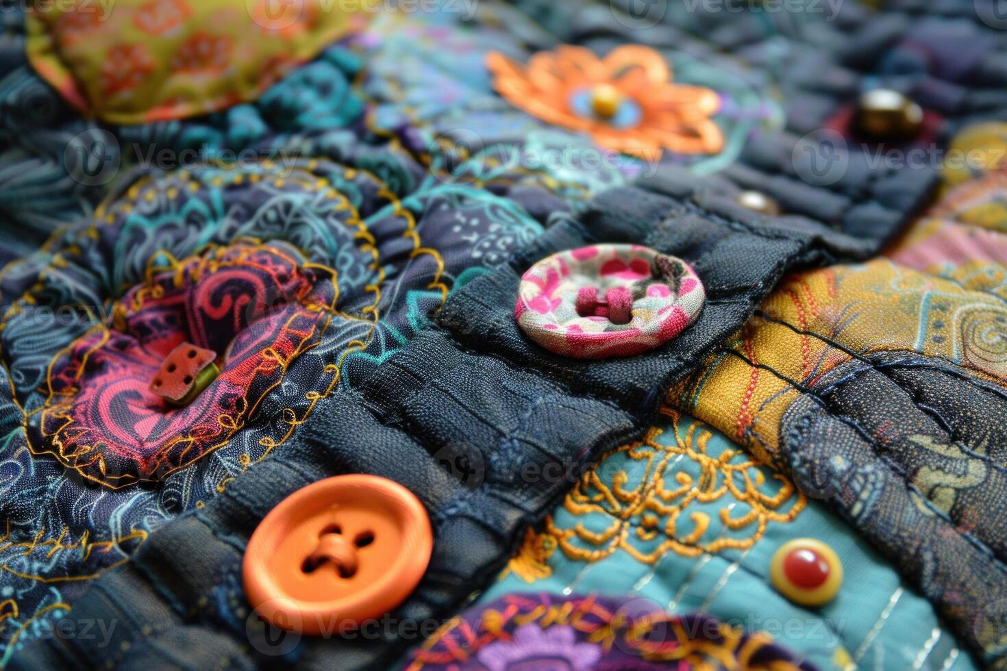 Colorful patchwork fabric showing sewing buttons and decorative stitching photo