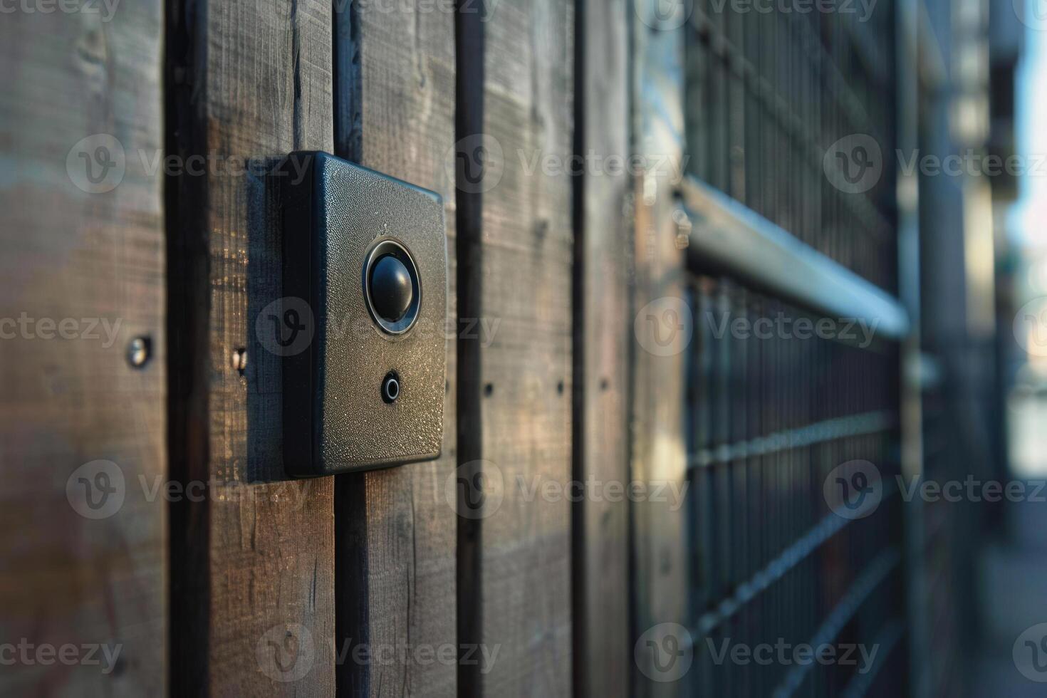 Intercom system button mounted on wooden fence with metal gate photo