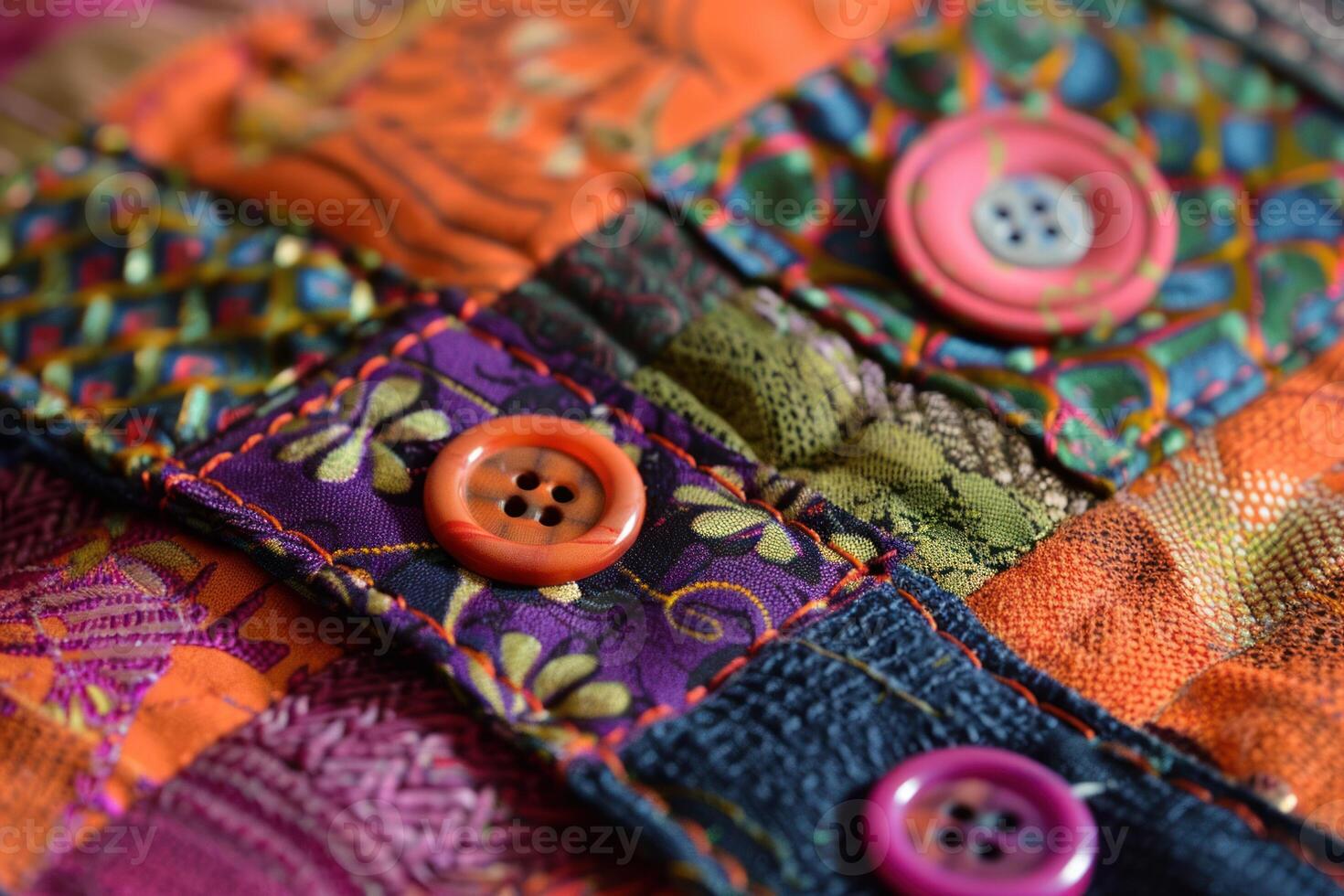 Colorful patchwork fabric with buttons showing sewing technique photo