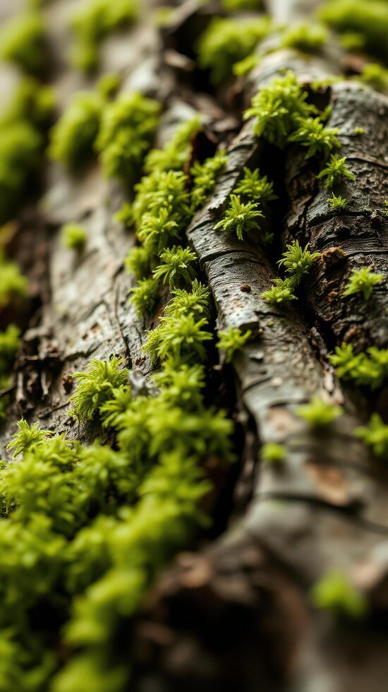 A close up of a moss covered tree trunk photo