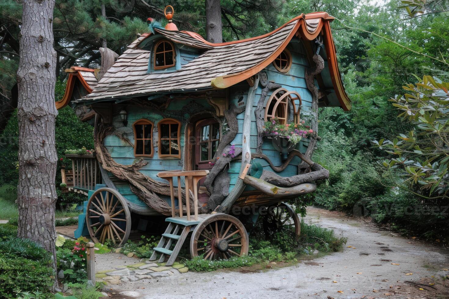 Whimsical fairytale gypsy caravan nestled in enchanted forest photo