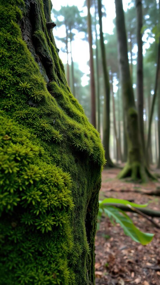 A close up of a tree trunk covered in moss photo