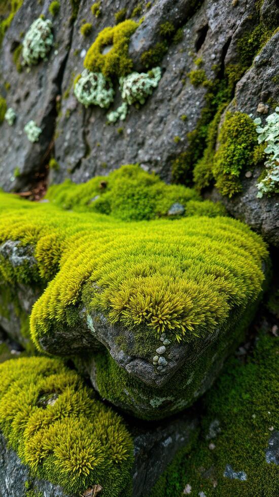 A rock wall covered in moss photo