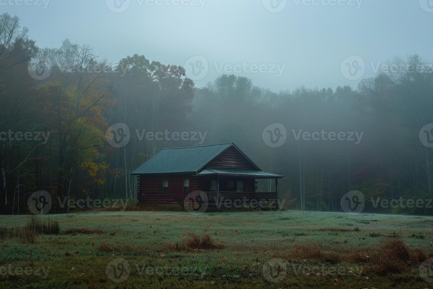 Fog rolling over a remote log cabin in autumn forest photo