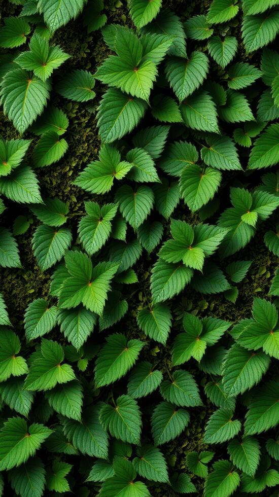 A green wall with many leaves on it photo