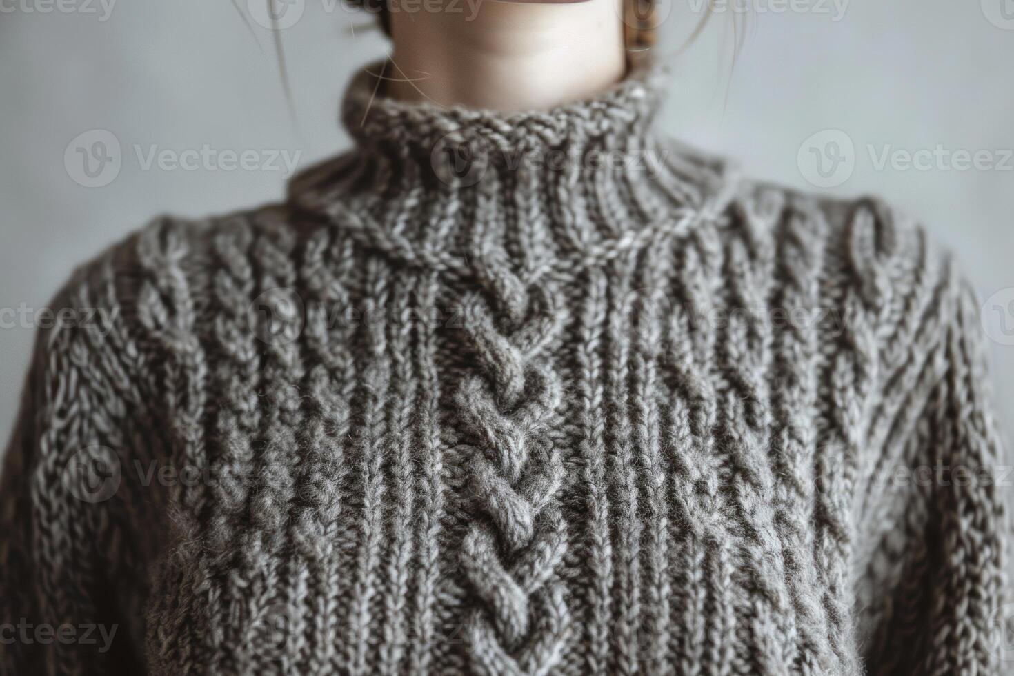 Woman wearing cozy grey cable knit sweater with high neck photo